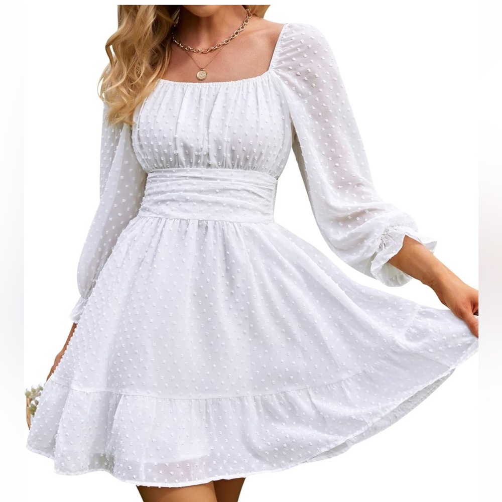 EXLURA Women‘s Tie Back Swiss Dot Square Neck Ruched Long Sleeve Ruffle Dress